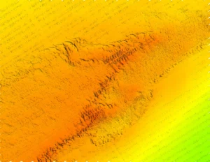 The same seafloor depth map with the missing stripes reconstructed by AI