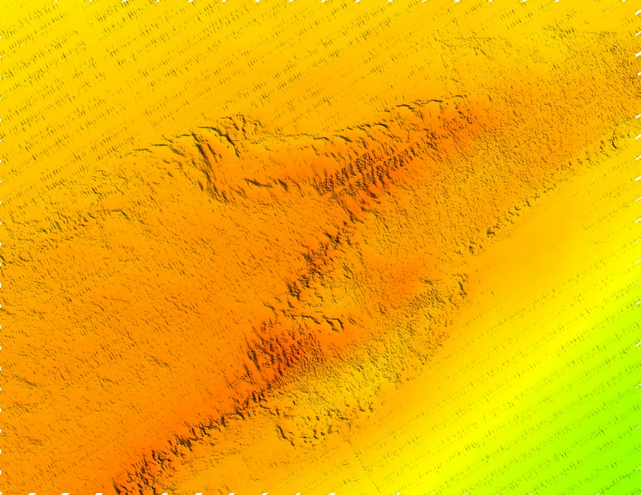 The same seafloor depth map with the missing stripes reconstructed by AI