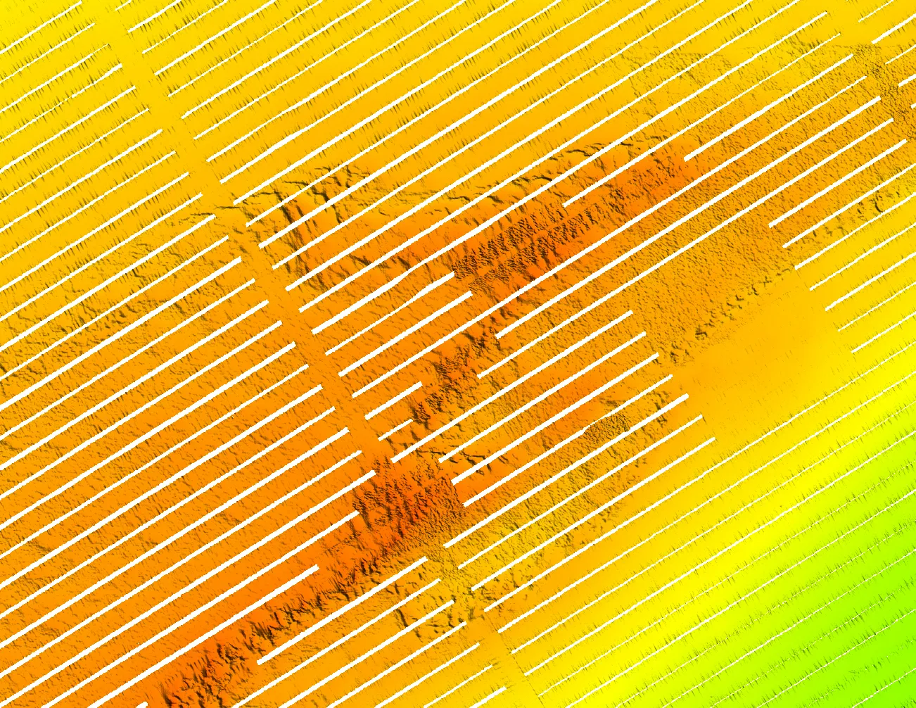 AI bathymetry void filling: Seafloor depth map with diagonal stripes of missing sonar data between survey lines