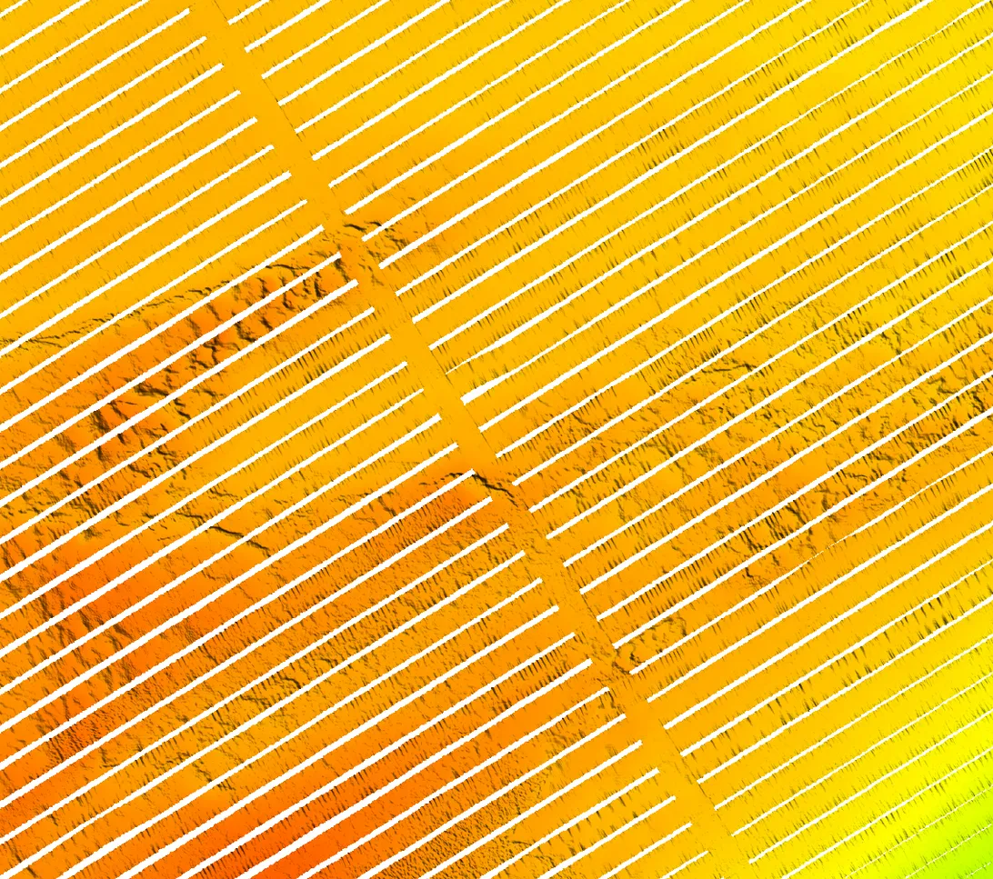 Bathymetry map of a seabed ridge with gaps between multibeam sonar passes