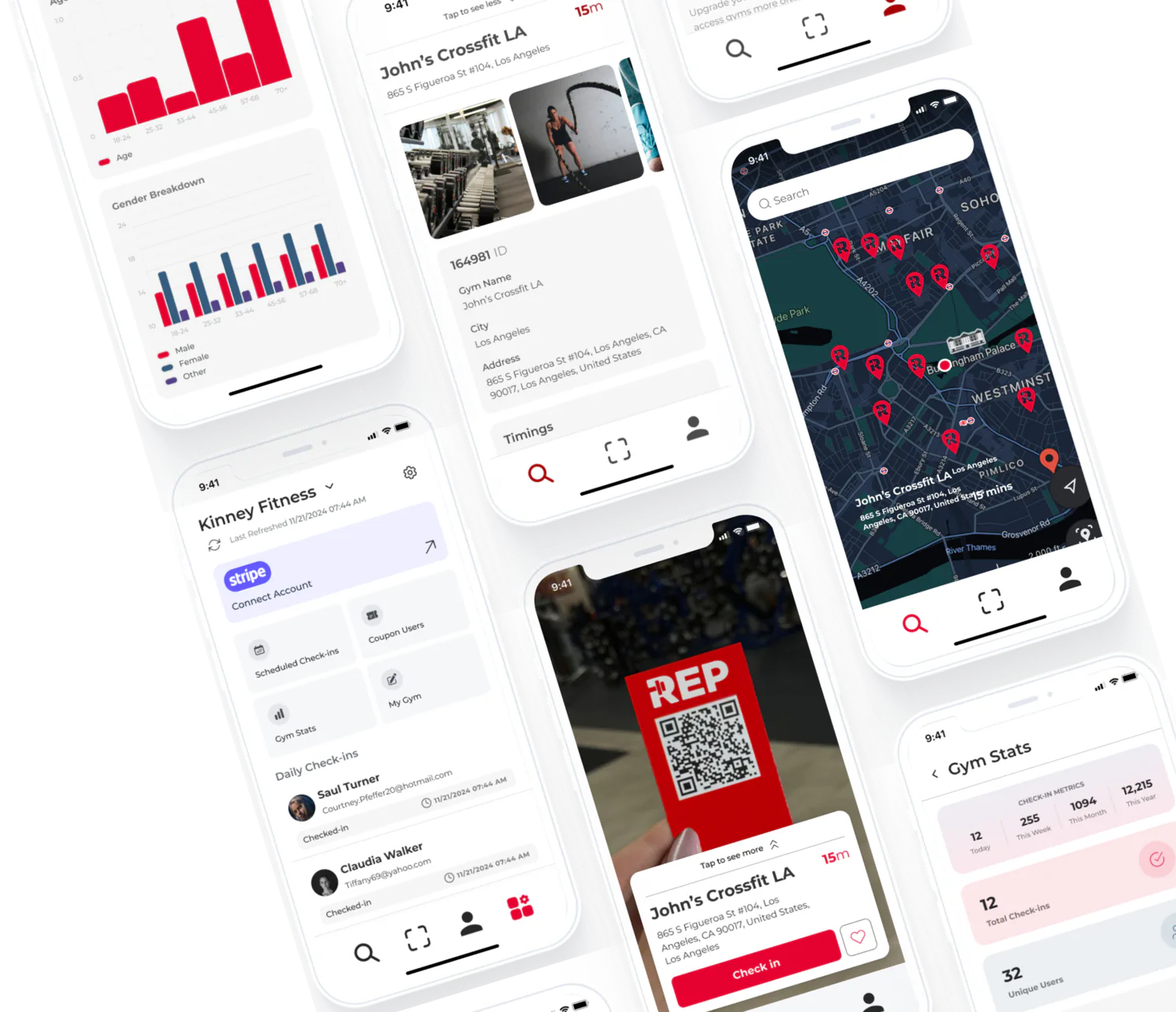 REP Gym Pass app screens: gym details, check-in and stats