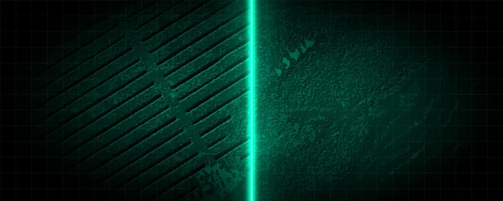 Seafloor map with gaps between sonar survey lines on the left and the same seabed filled in by AI on the right