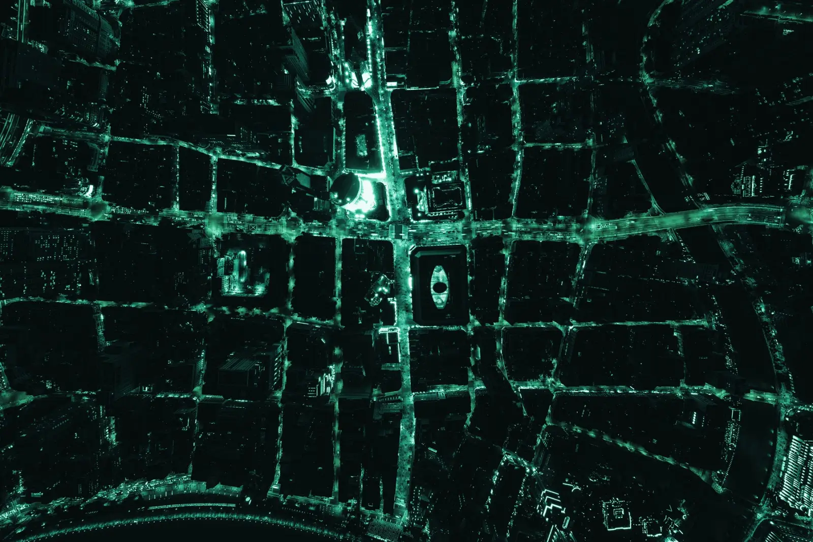 Aerial view of a city street grid at night
